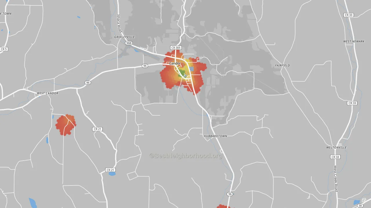 Walk Grade map of Candor, NY, walkable areas in green and car-dependent areas in red