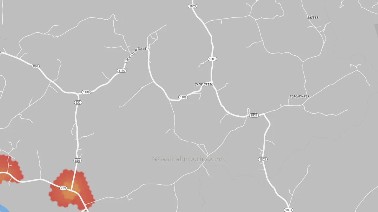 Walk Grade map of Cane Creek, KY, walkable areas in green and car-dependent areas in red