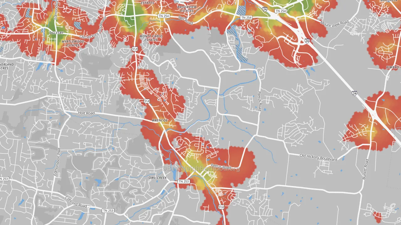 Walk Grade map of Cane Ridge, Antioch, TN, walkable areas in green and car-dependent areas in red