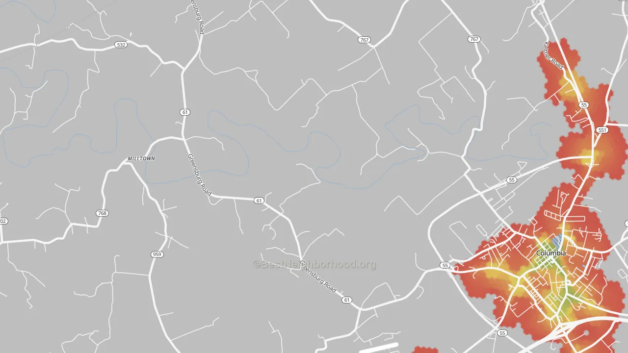 Walk Grade map of Cane Valley, KY, walkable areas in green and car-dependent areas in red