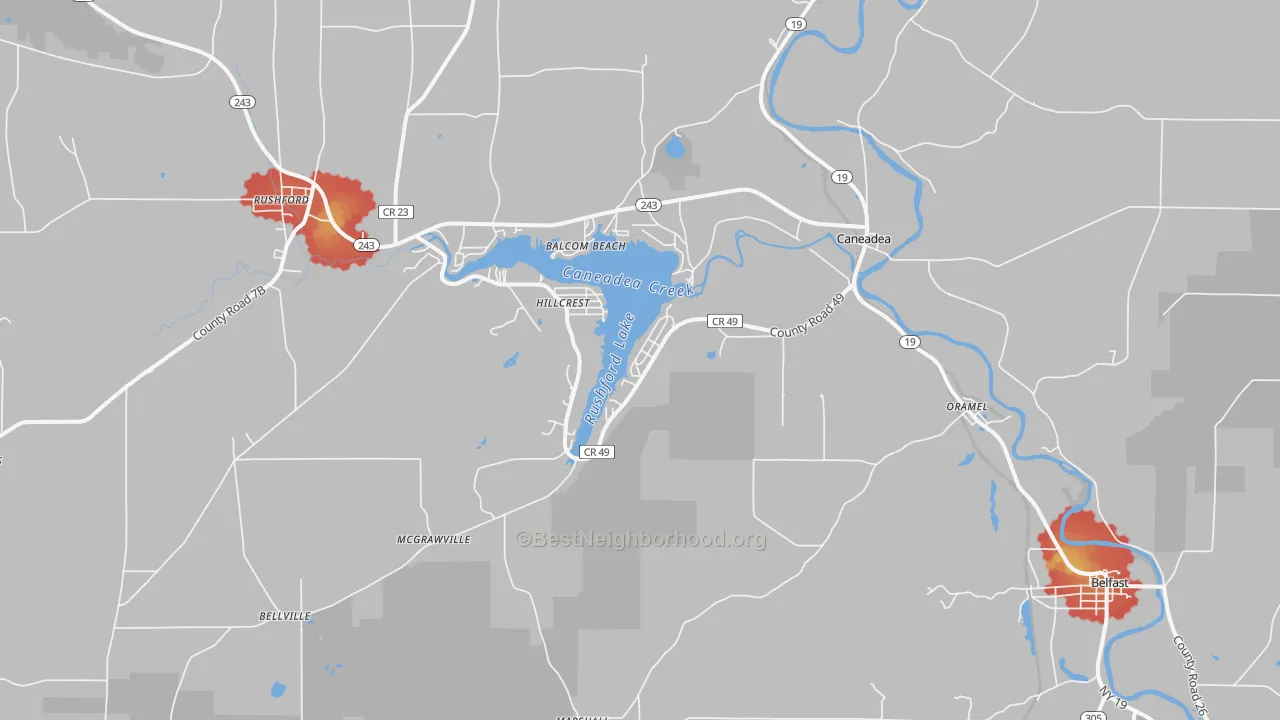 Walk Grade map of Caneadea, NY, walkable areas in green and car-dependent areas in red