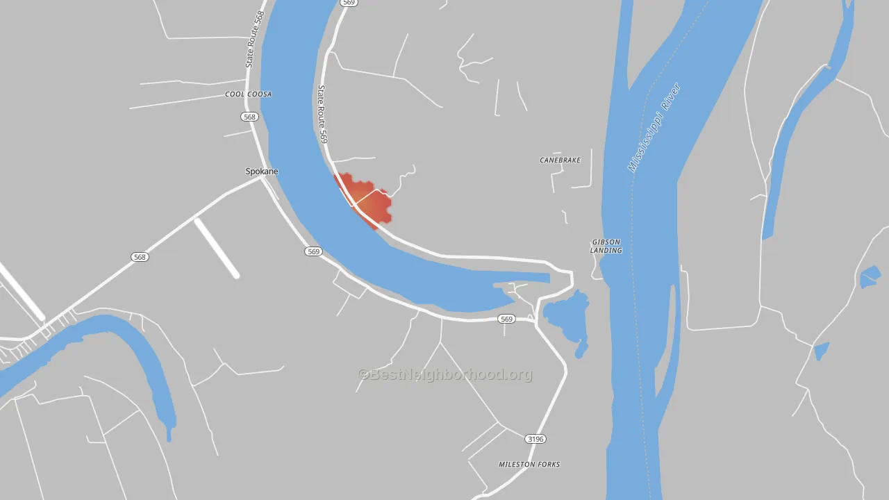 Walk Grade map of Canebrake, LA, walkable areas in green and car-dependent areas in red
