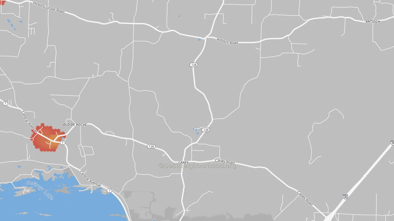 Walk Grade map of Caney, AR, walkable areas in green and car-dependent areas in red