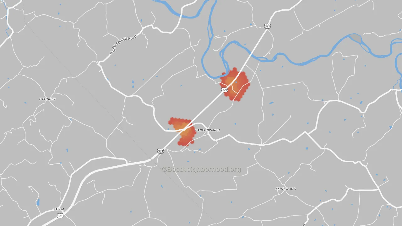Walk Grade map of Caney Branch, TN, walkable areas in green and car-dependent areas in red