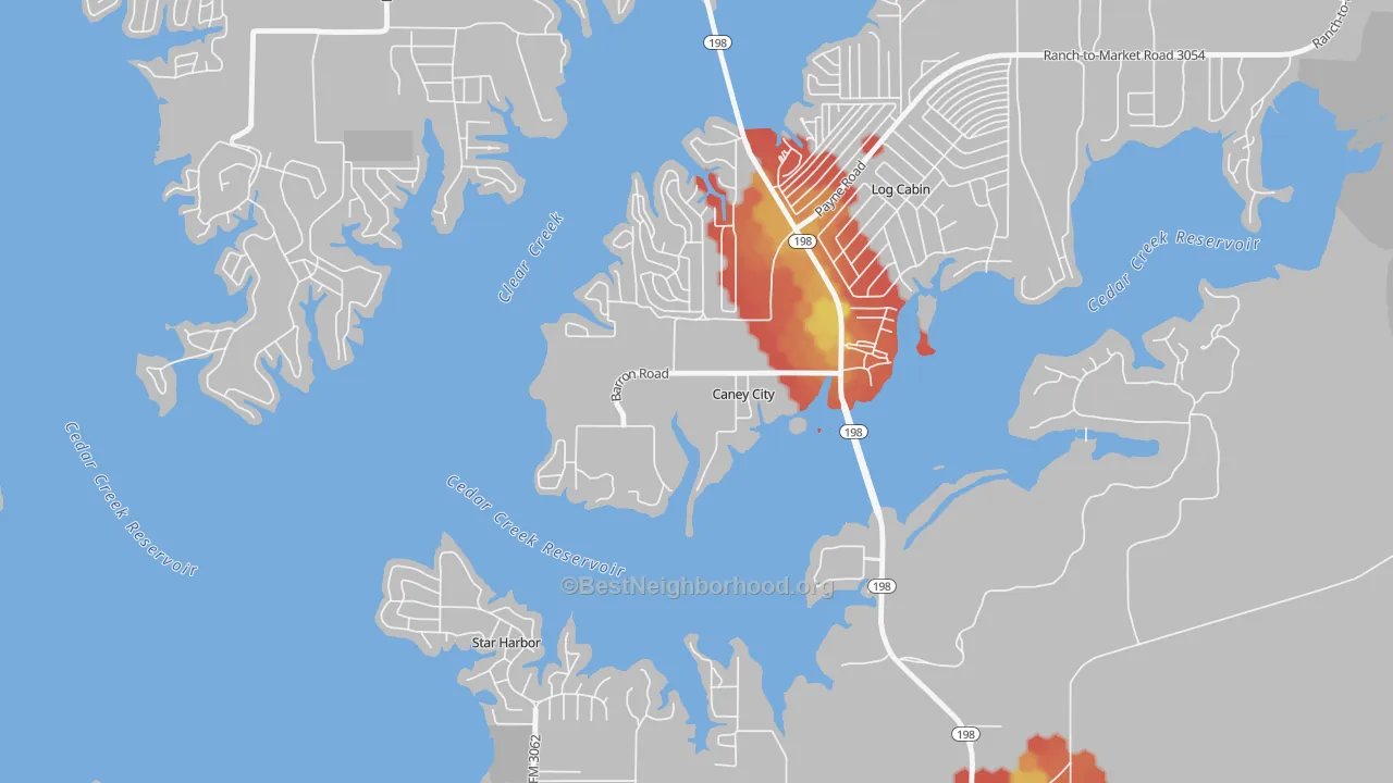 Walk Grade map of Caney City, TX, walkable areas in green and car-dependent areas in red