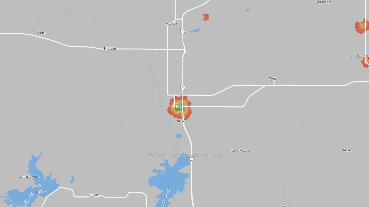 Walk Grade map of Caney, KS, walkable areas in green and car-dependent areas in red