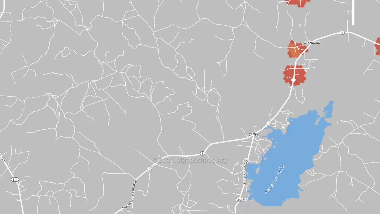 Walk Grade map of Caney, LA, walkable areas in green and car-dependent areas in red