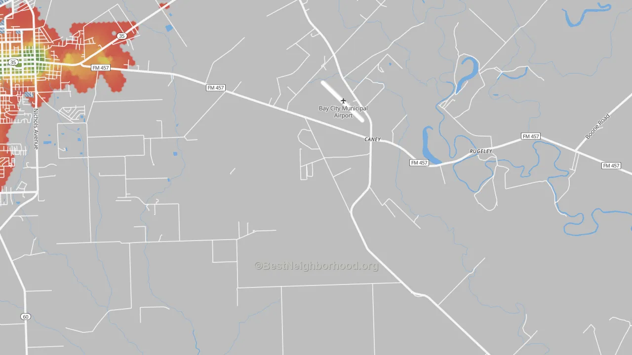 Walk Grade map of Caney, TX, walkable areas in green and car-dependent areas in red