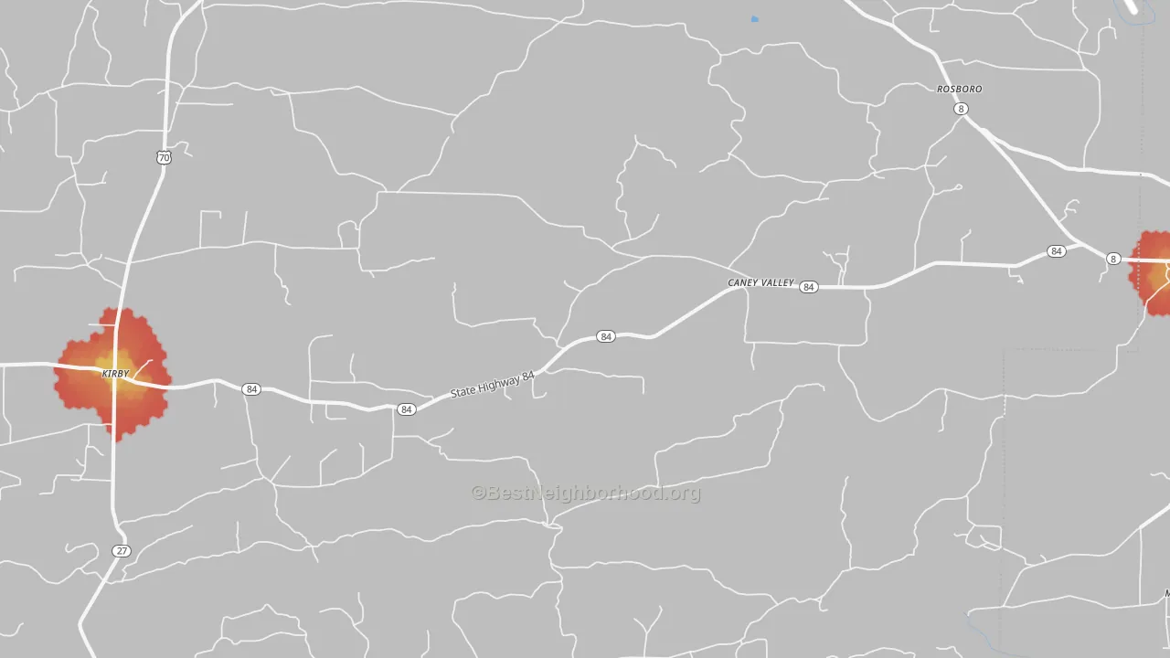 Walk Grade map of Caney Valley, AR, walkable areas in green and car-dependent areas in red