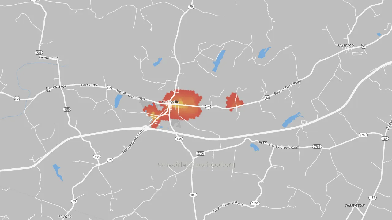 Walk Grade map of Caneyville, KY, walkable areas in green and car-dependent areas in red