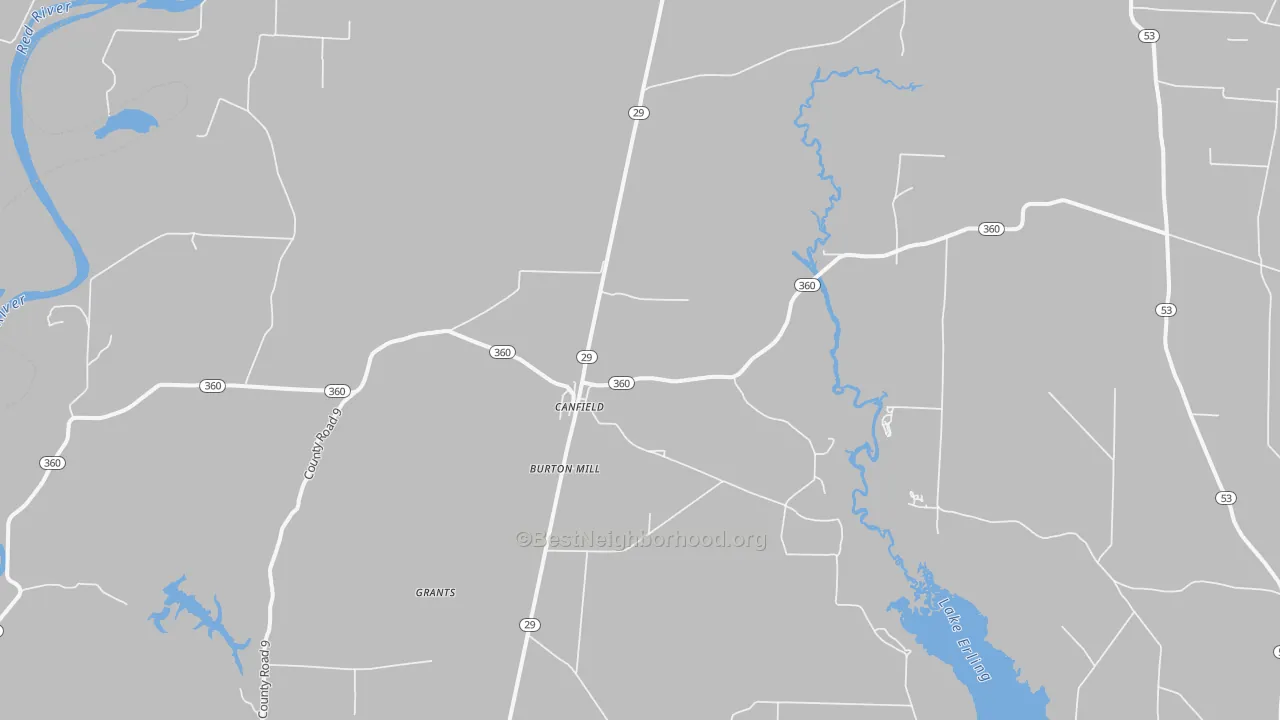 Walk Grade map of Canfield, AR, walkable areas in green and car-dependent areas in red
