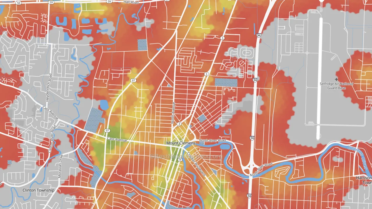 Walk Grade map of Canfield Manor, Mount Clemens, MI, walkable areas in green and car-dependent areas in red