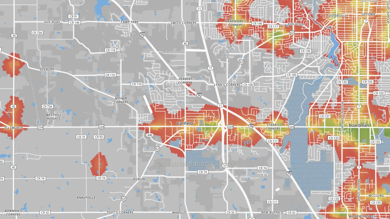 Walk Grade map of Canfield, OH, walkable areas in green and car-dependent areas in red