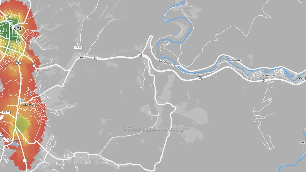 Walk Grade map of Canfield, WV, walkable areas in green and car-dependent areas in red