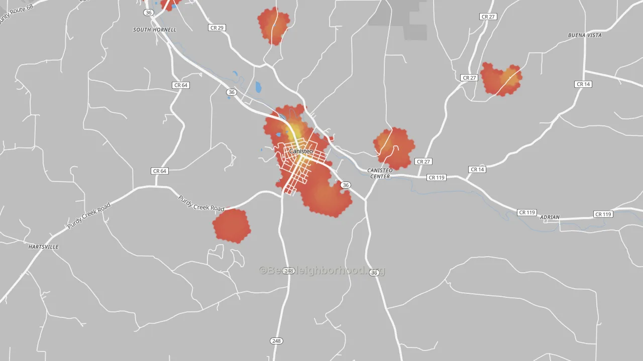 Walk Grade map of Canisteo, NY, walkable areas in green and car-dependent areas in red