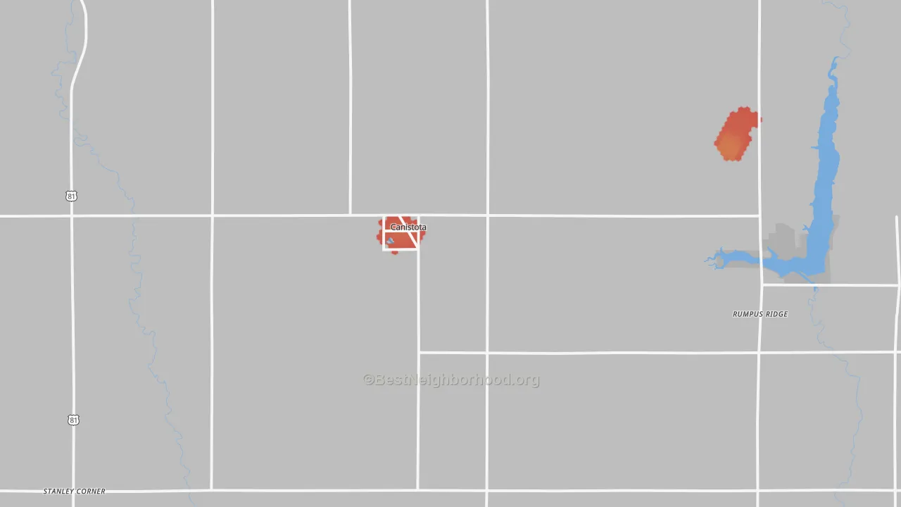 Walk Grade map of Canistota, SD, walkable areas in green and car-dependent areas in red