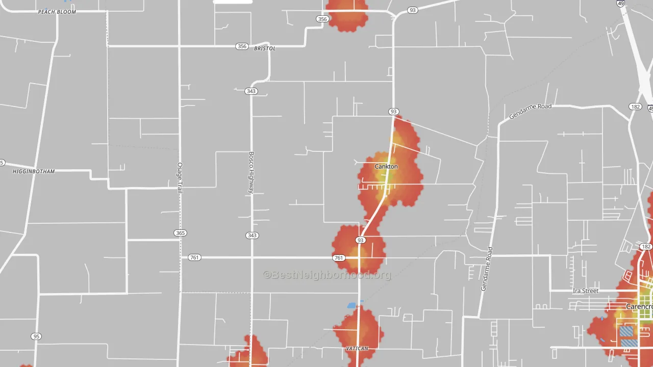 Walk Grade map of Cankton, LA, walkable areas in green and car-dependent areas in red