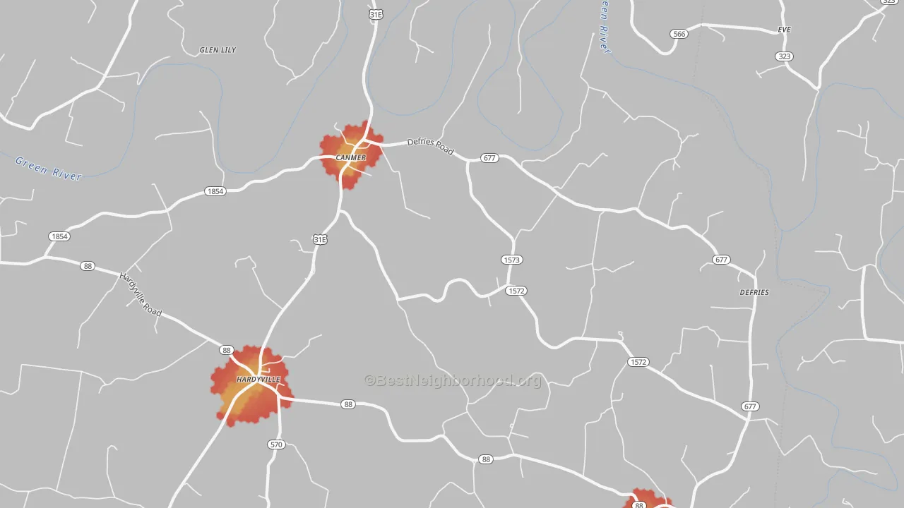Walk Grade map of Canmer, KY, walkable areas in green and car-dependent areas in red