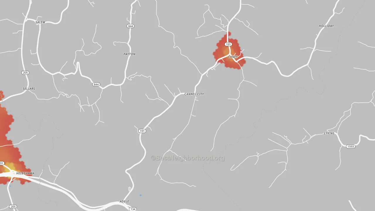 Walk Grade map of Cannel City, KY, walkable areas in green and car-dependent areas in red