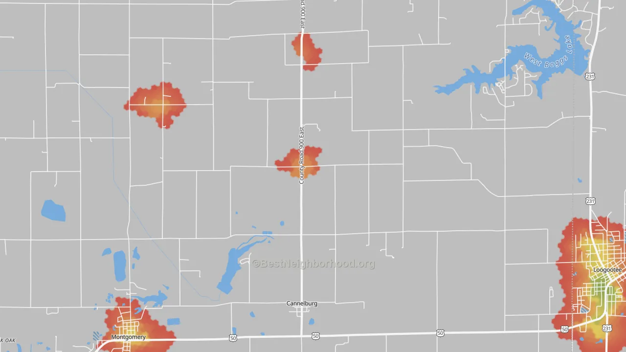 Walk Grade map of Cannelburg, IN, walkable areas in green and car-dependent areas in red
