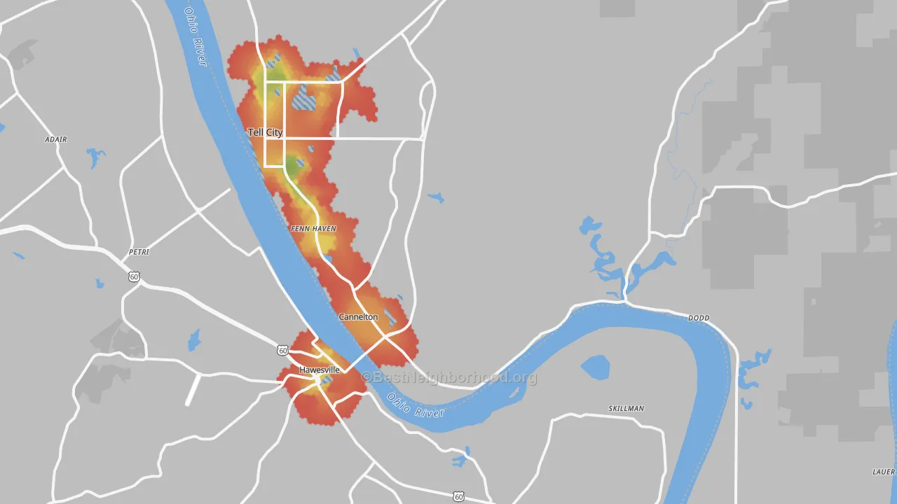 Walk Grade map of Cannelton, IN, walkable areas in green and car-dependent areas in red