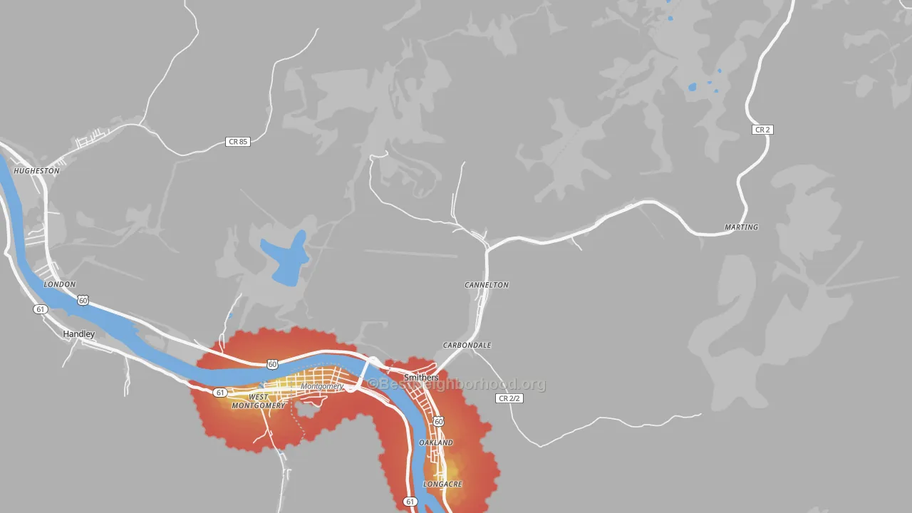 Walk Grade map of Cannelton, WV, walkable areas in green and car-dependent areas in red