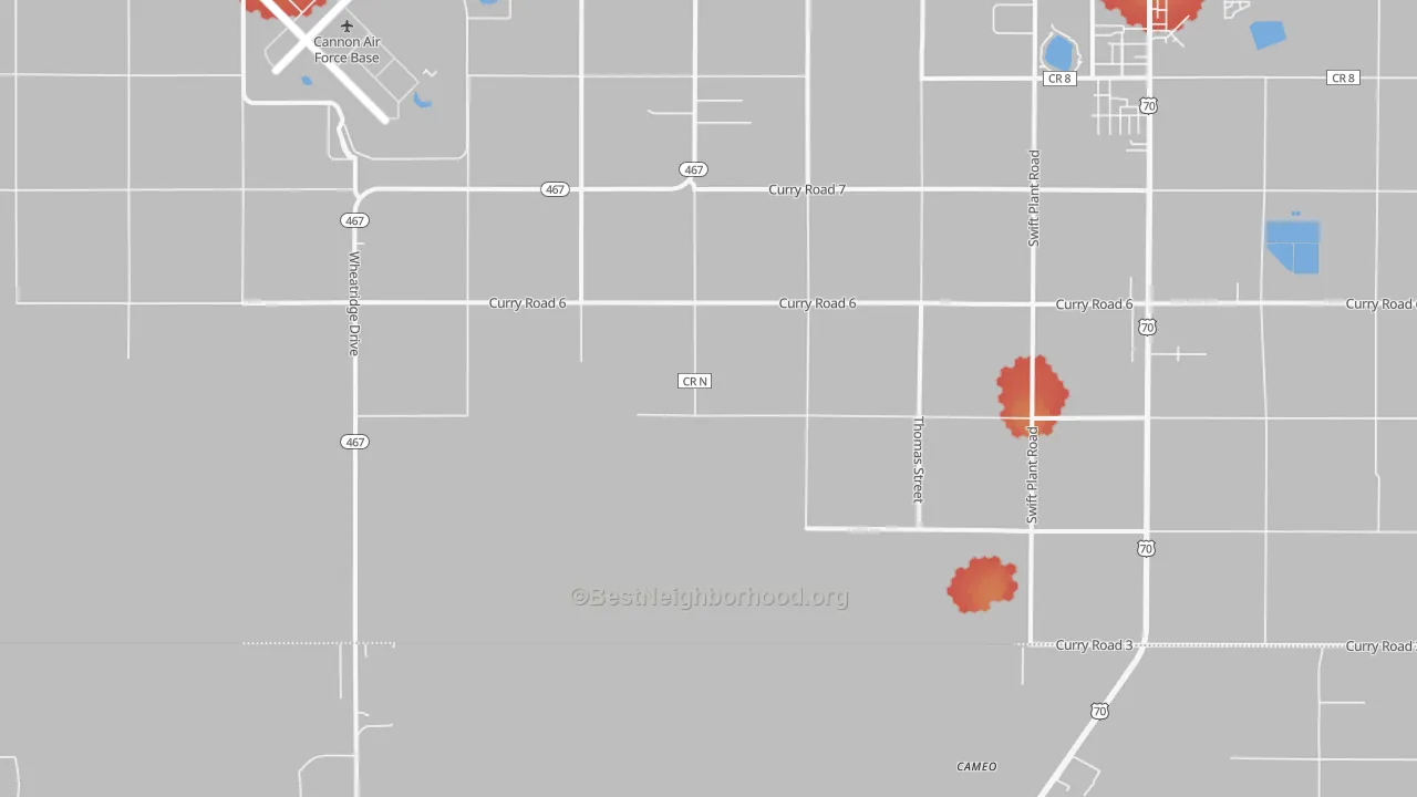 Walk Grade map of Cannon Air Force Base, NM, walkable areas in green and car-dependent areas in red