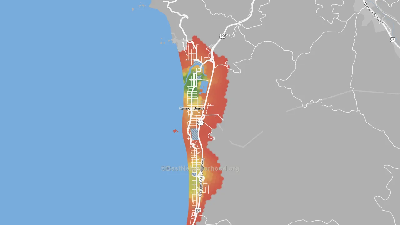 Walk Grade map of Cannon Beach, OR, walkable areas in green and car-dependent areas in red