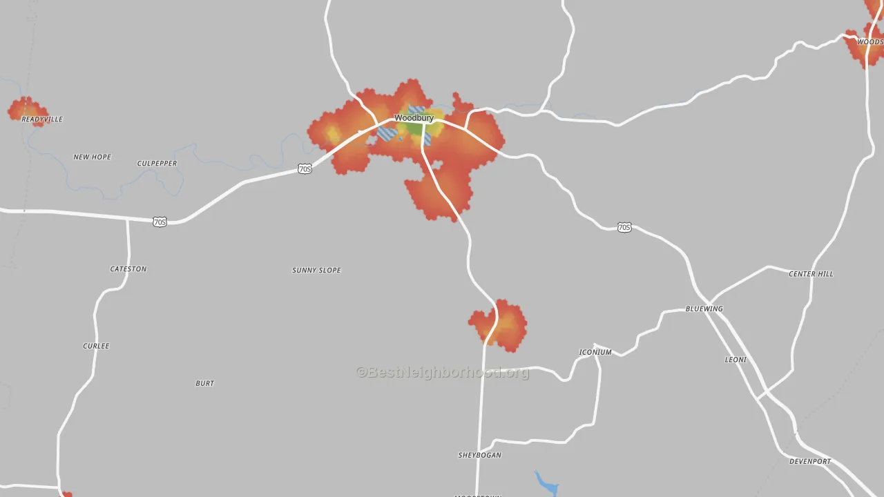 Walk Grade map of Cannon County, TN, walkable areas in green and car-dependent areas in red