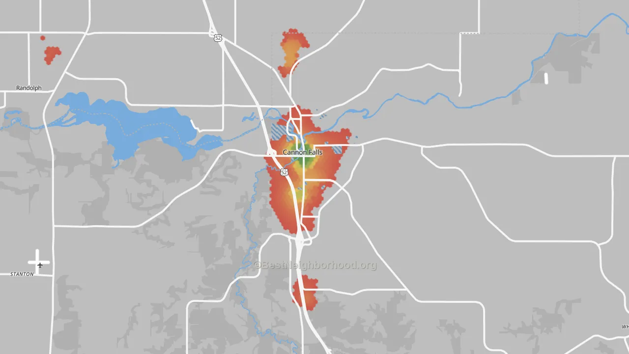 Walk Grade map of Cannon Falls, MN, walkable areas in green and car-dependent areas in red