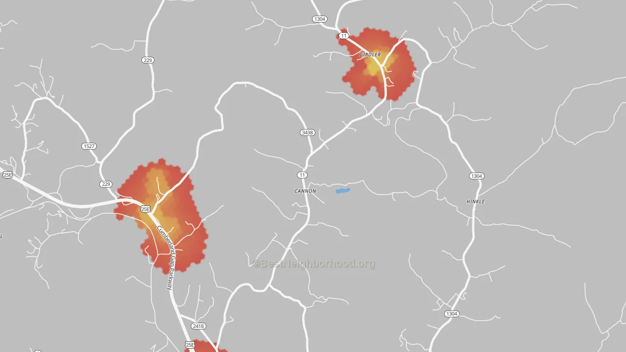 Walk Grade map of Cannon, KY, walkable areas in green and car-dependent areas in red