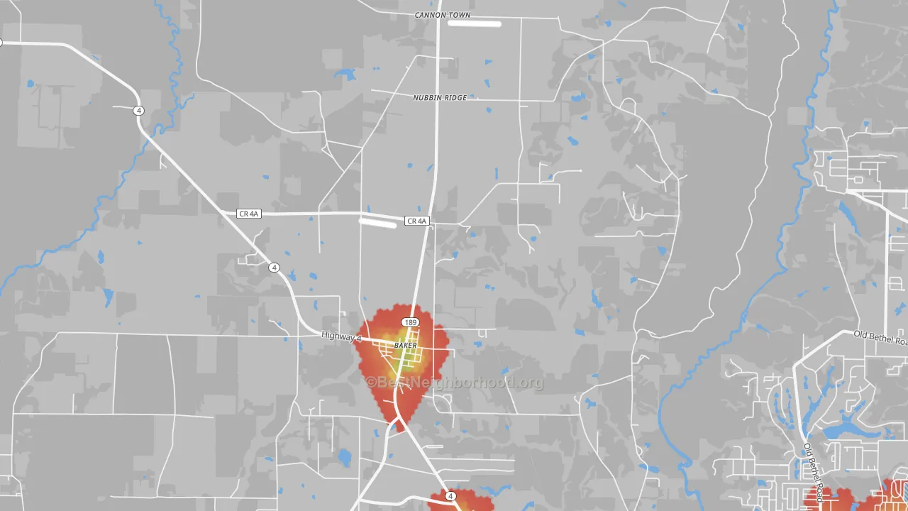 Walk Grade map of Cannon Town, FL, walkable areas in green and car-dependent areas in red