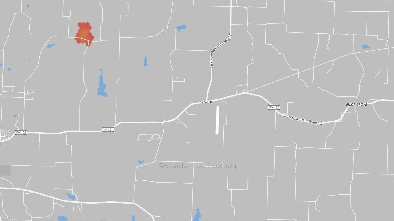 Walk Grade map of Cannon, TX, walkable areas in green and car-dependent areas in red