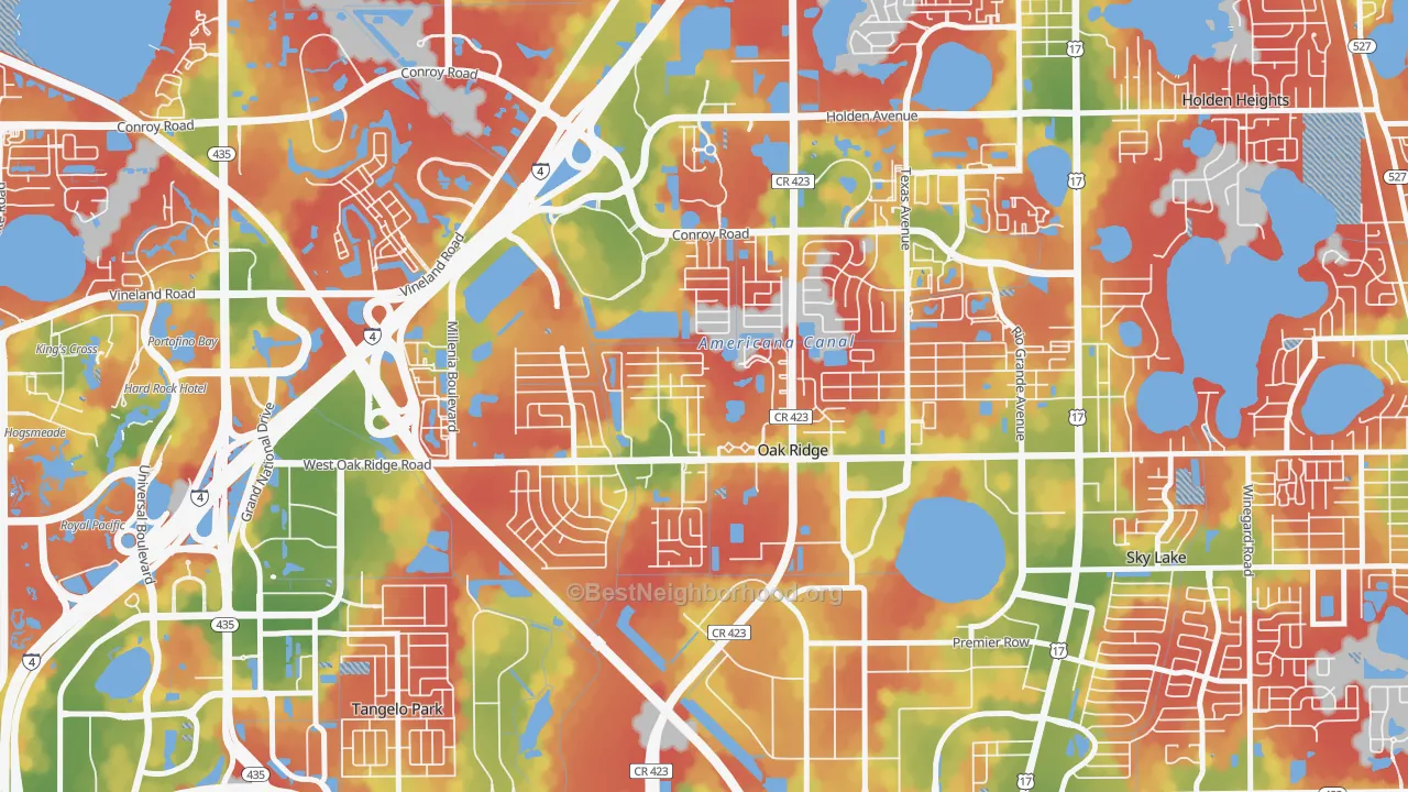 Walk Grade map of Cannongate-Orlando, Oak Ridge, FL, walkable areas in green and car-dependent areas in red