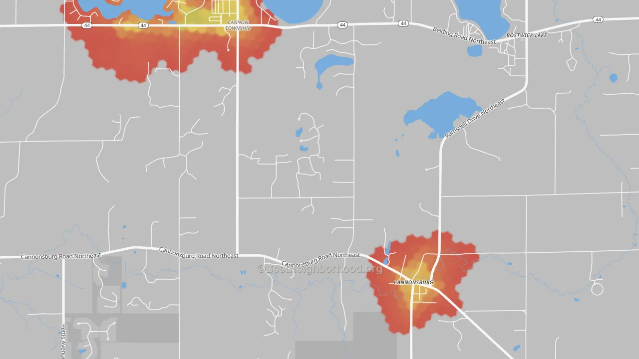 Walk Grade map of Cannonsburg, MI, walkable areas in green and car-dependent areas in red