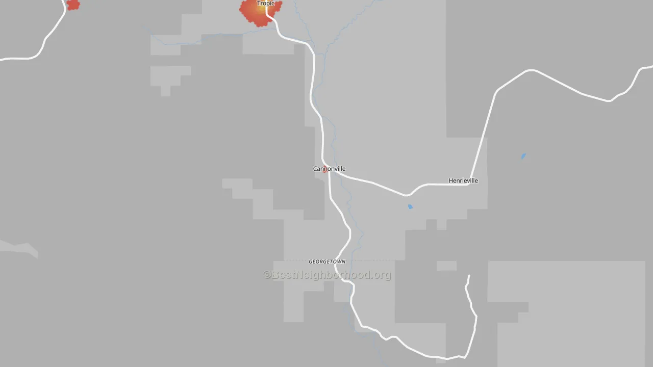 Walk Grade map of Cannonville, UT, walkable areas in green and car-dependent areas in red
