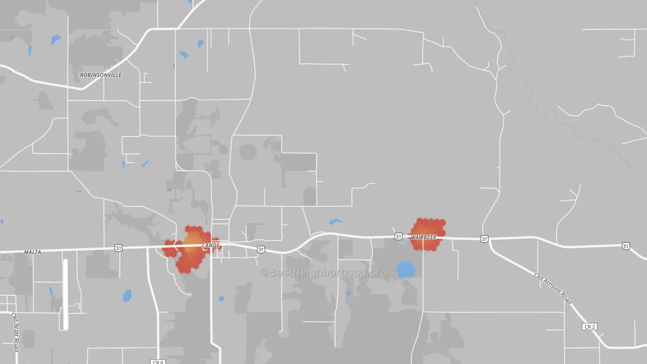 Walk Grade map of Canoe, AL, walkable areas in green and car-dependent areas in red
