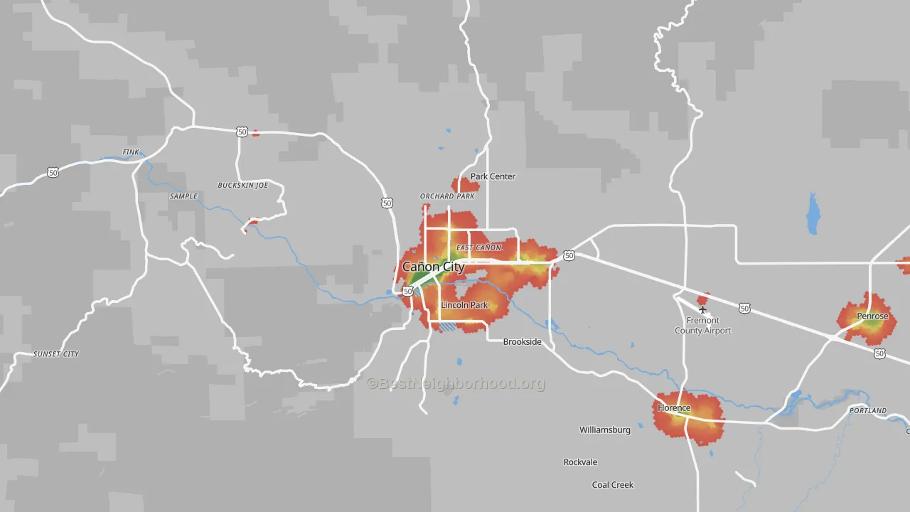 Walk Grade map of Canon City, CO, walkable areas in green and car-dependent areas in red