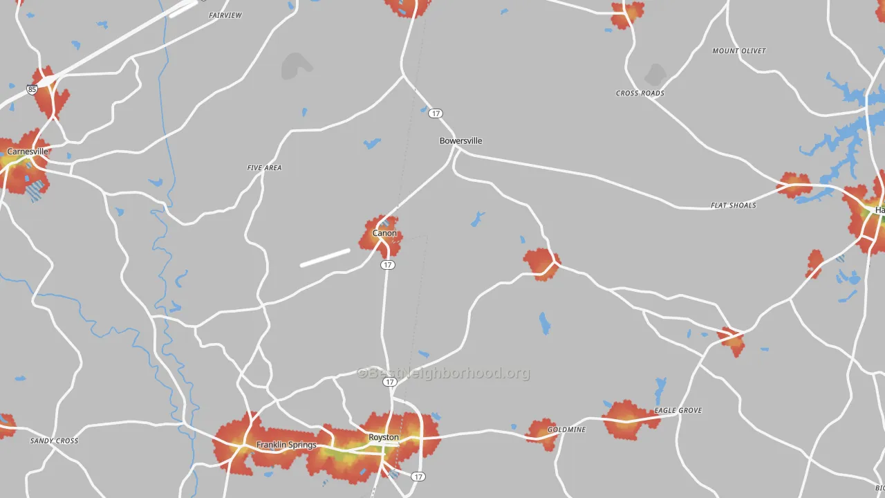 Walk Grade map of Canon, GA, walkable areas in green and car-dependent areas in red