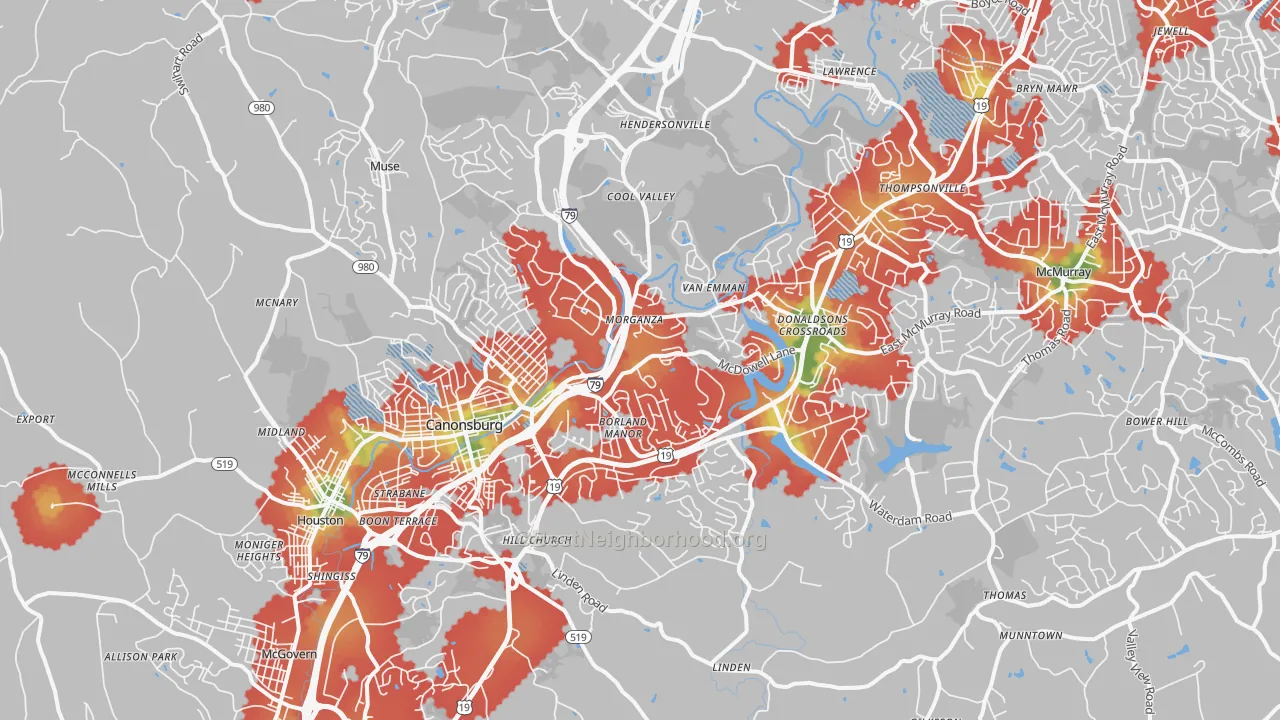 Walk Grade map of Canonsburg, PA, walkable areas in green and car-dependent areas in red