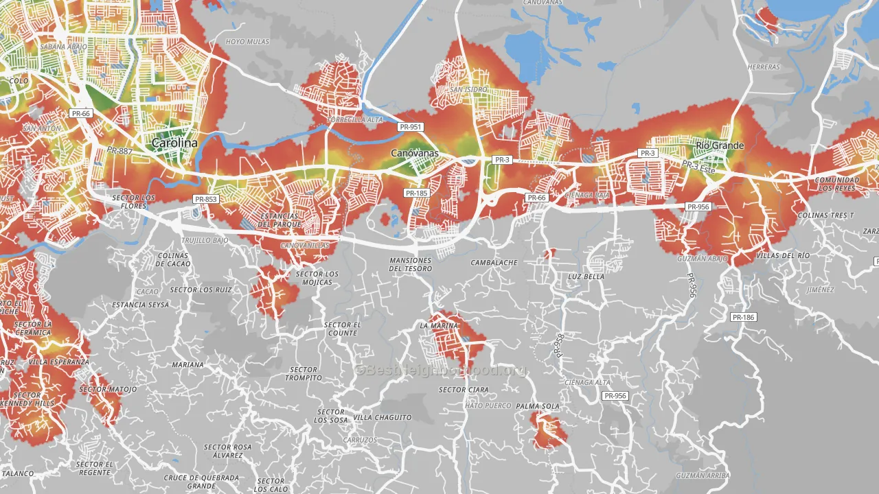 Walk Grade map of Canovanas Municipio, PR, walkable areas in green and car-dependent areas in red