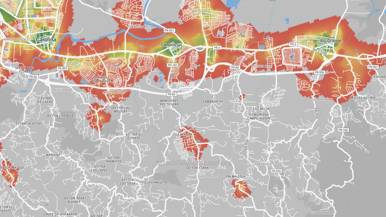 Walk Grade map of Canovanas, PR, walkable areas in green and car-dependent areas in red