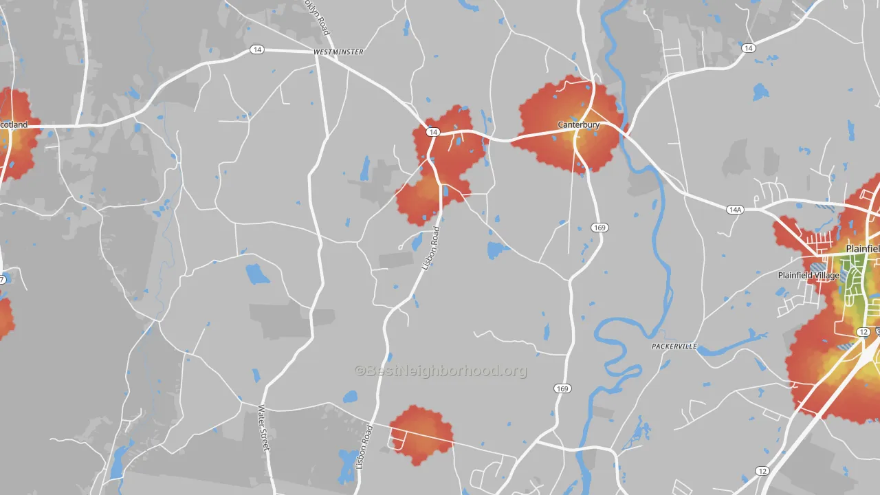 Walk Grade map of Canterbury, CT, walkable areas in green and car-dependent areas in red