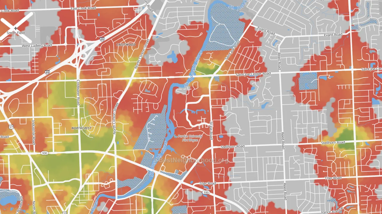 Walk Grade map of Canterbury Green, Fort Wayne, IN, walkable areas in green and car-dependent areas in red