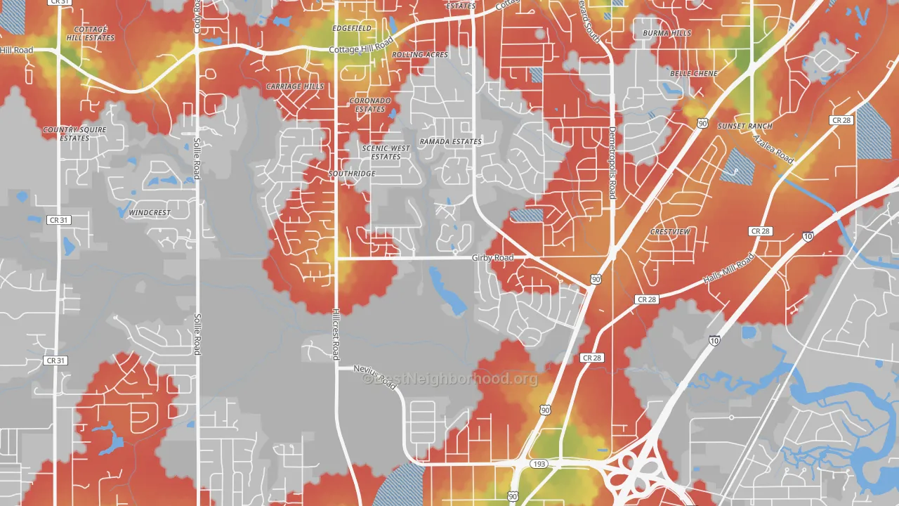 Walk Grade map of Canterbury, Mobile, AL, walkable areas in green and car-dependent areas in red