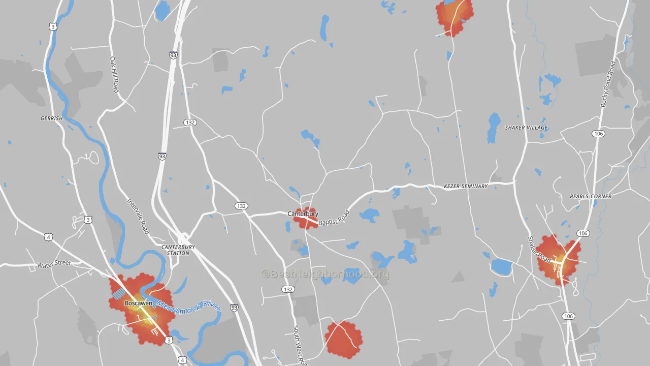 Walk Grade map of Canterbury, NH, walkable areas in green and car-dependent areas in red
