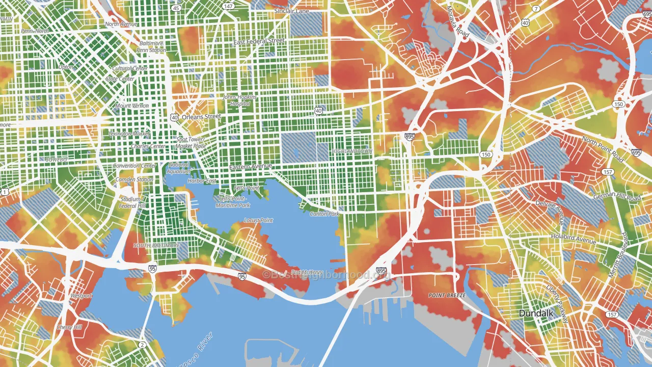 Walk Grade map of Canton, Baltimore, MD, walkable areas in green and car-dependent areas in red