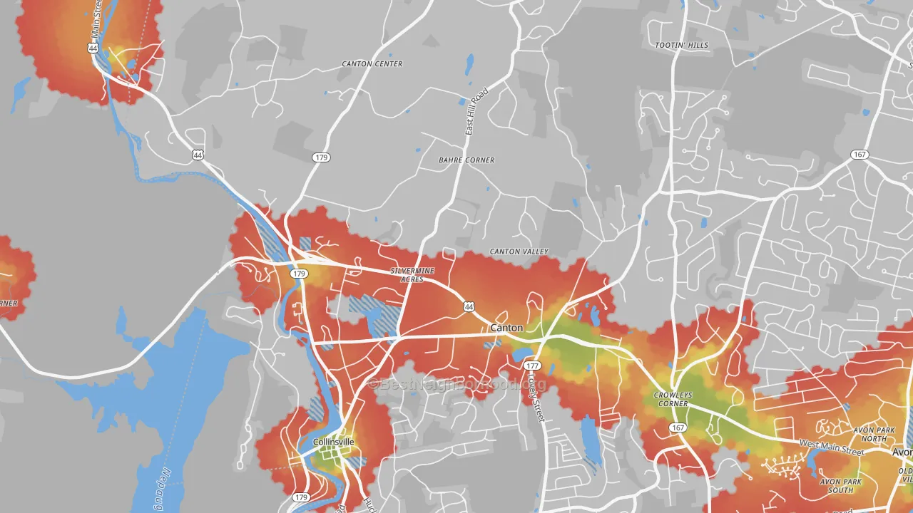 Walk Grade map of Canton, CT, walkable areas in green and car-dependent areas in red