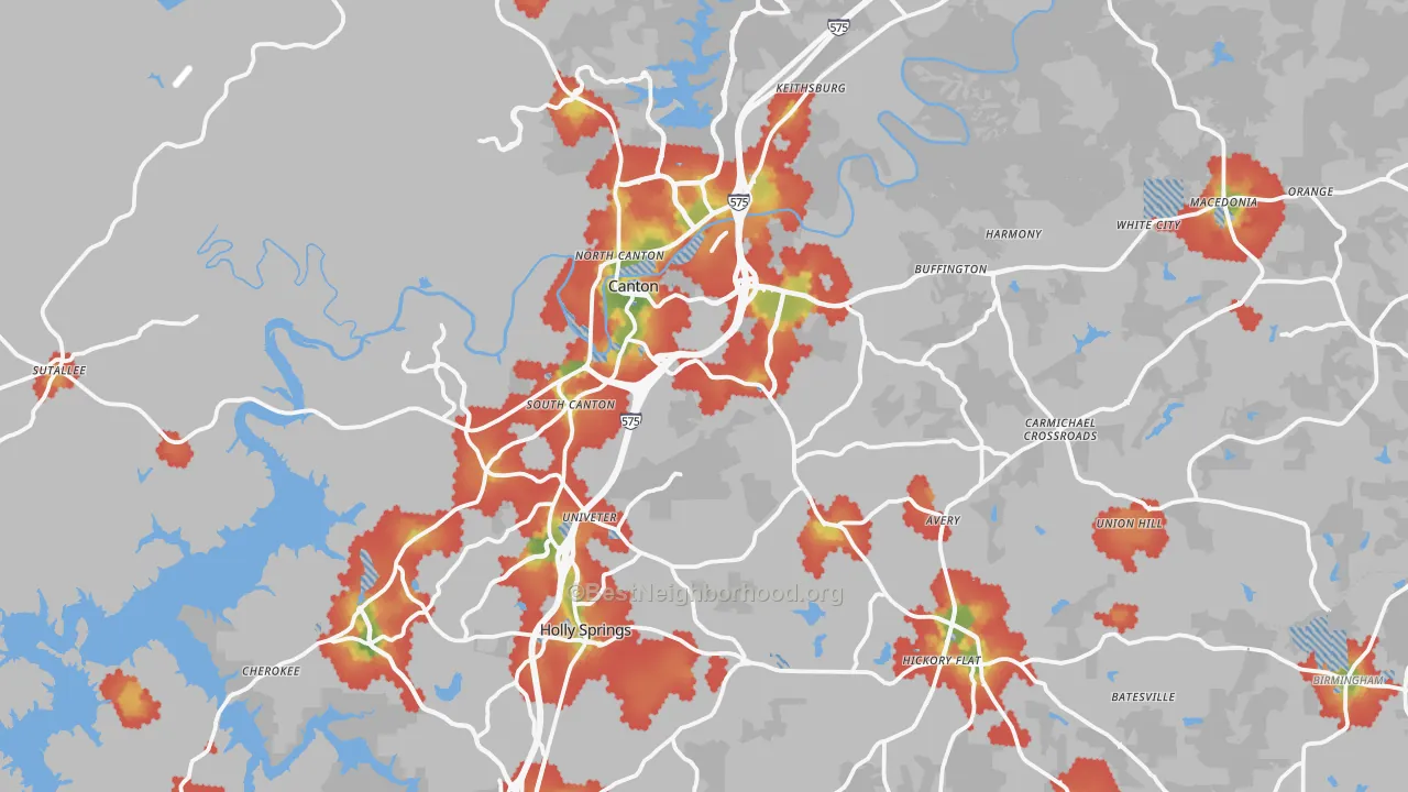 Walk Grade map of Canton, GA, walkable areas in green and car-dependent areas in red