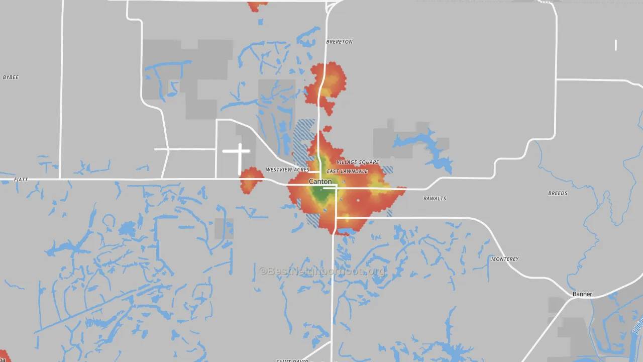 Walk Grade map of Canton, IL, walkable areas in green and car-dependent areas in red